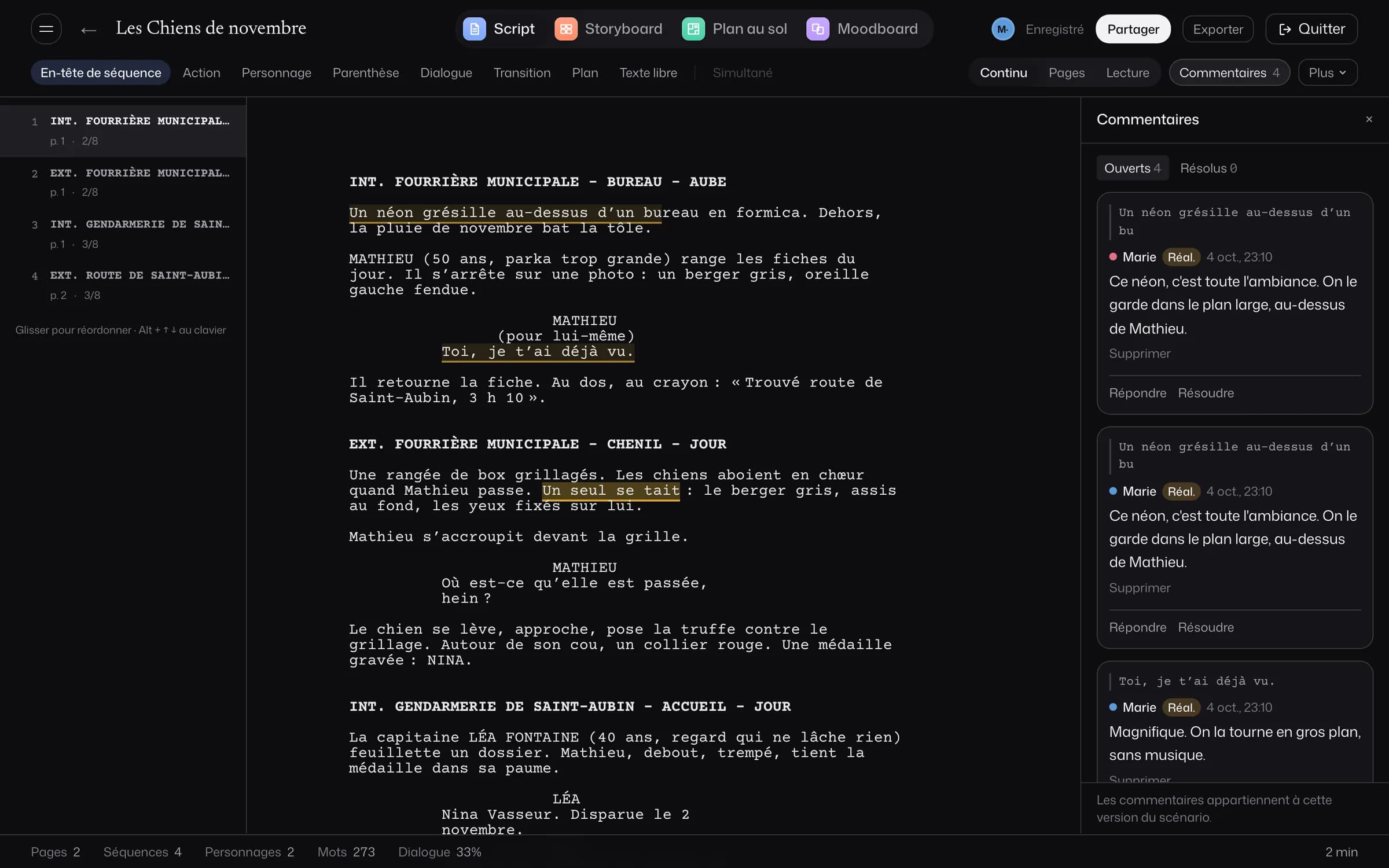 L’éditeur de DUKE-DRAFT : un scénario au format professionnel, la liste des séquences et les commentaires d’une réalisatrice.